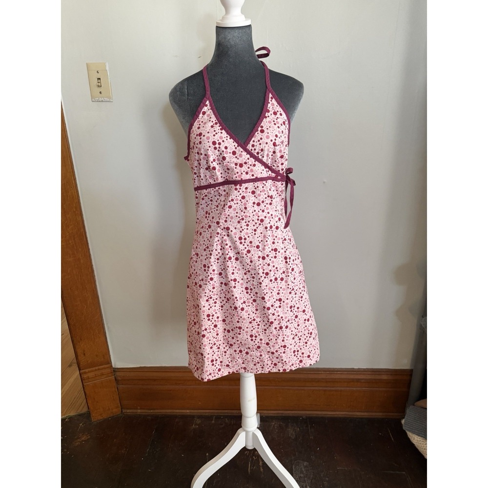 Vintage Y2K Faux Wrap Dress Halter Aqua Blues Polka Dot Mini Large Festival